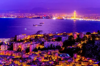 Night view of the city and the lighthouse