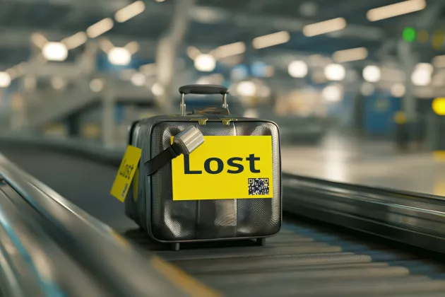 A suitcase with a lost tag