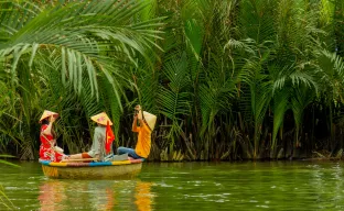 Ein Boot, das auf einem malerischen Fluss in Vietnam treibt, umgeben von üppigem Grün